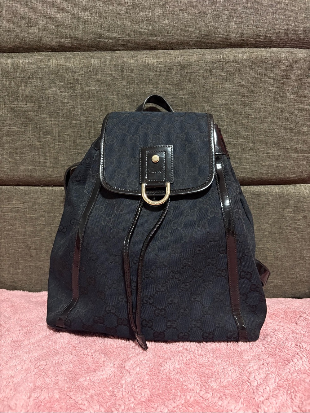 Gucci Navy Black GG Canvas Backpack with Leather Trim